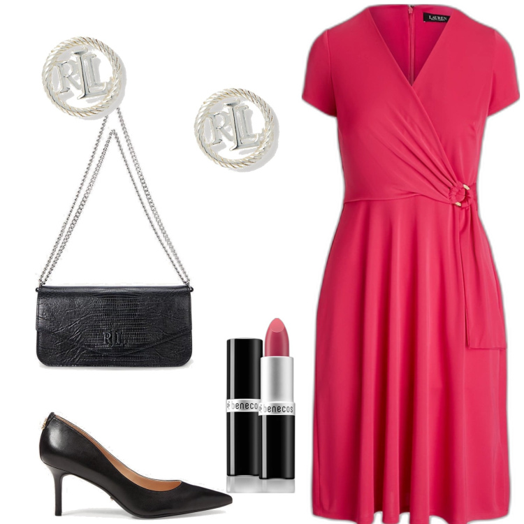 Outfit donna - Pranzo formale. Stile Bon Ton per Tutti i giorni. Abbinamento con rossetti, orecchini, vestiti midi/longuette, borse a spalla, décolleté.