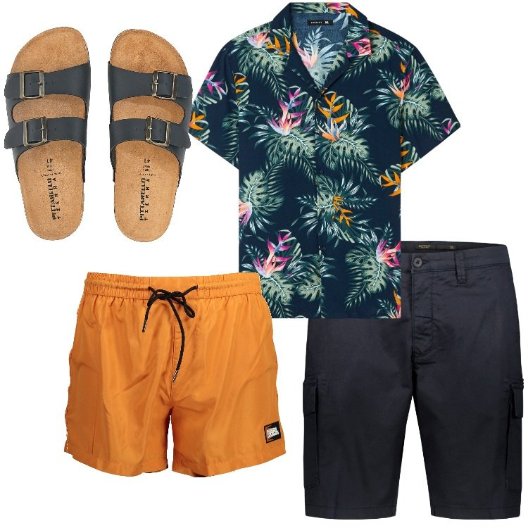 Outfit uomo - Trend fantasia tropicale. Stile Trendy per Mare. Abbinamento con camicie a manica corta, bermuda, costumi, sandali.