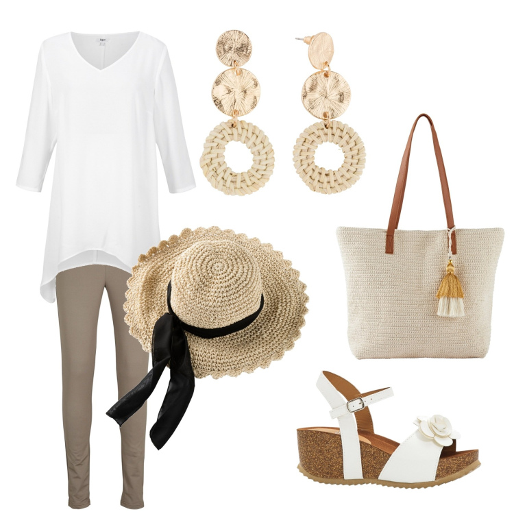 Outfit donna - Per una passeggiata serale. Stile Basic per Tutti i giorni. Abbinamento con sandali, cappelli, orecchini, leggings, tuniche, shopping bag.
