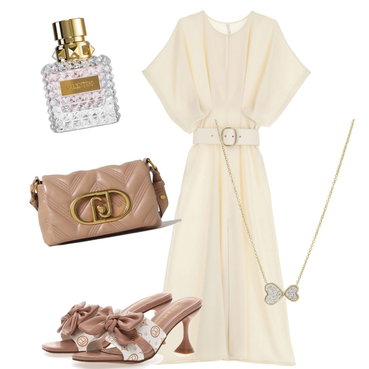 Outfit donna - La Sera d\'estate. Stile Chic per Serata fuori. look ideale per Tall. Abbinamento con ciondoli, profumi, vestiti midi/longuette, ciabatte, borse a spalla.