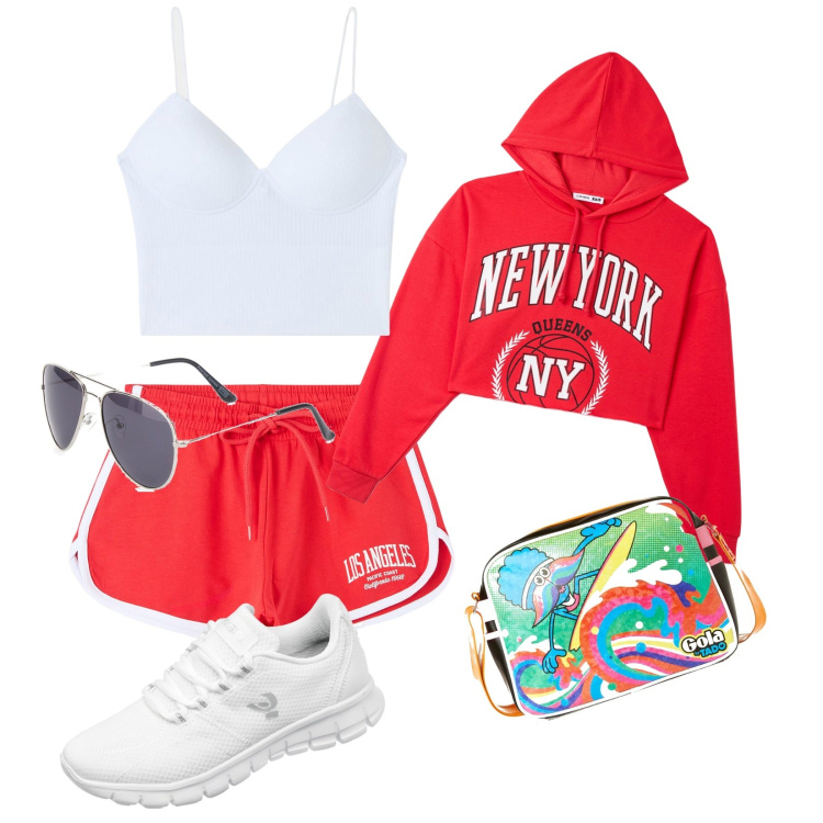 Outfit donna - Tempo libero. Stile Casual per Sport. Abbinamento con shorts, top, felpe con cappuccio, sneakers, borse a spalla, occhiali da sole.