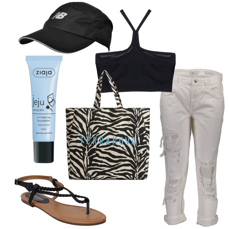Outfit donna - Total look #1899409. Stile Casual per Tutti i giorni. Abbinamento con correttori, borse tote, ciabatte, cappelli, top, jeans strappati.