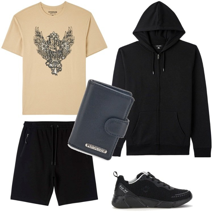 Outfit uomo - Total look #1899410. Stile Urban per Tutti i giorni. Abbinamento con t-shirt, felpe con cappuccio, pantaloncini sportivi, portafogli, sneakers.