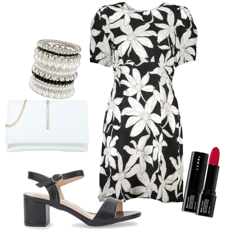 Outfit donna - All aperitivo di stasera. Stile Bon Ton per Serata fuori. Abbinamento con braccialetti, rossetti, pochette, vestiti corti, sandali col tacco.
