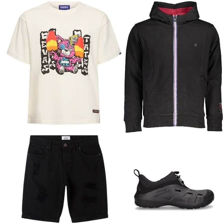 Outfit uomo - Total look #1899417. Stile Trendy per Tutti i giorni. Abbinamento con bermuda, felpe con cappuccio, t-shirt, sneakers.