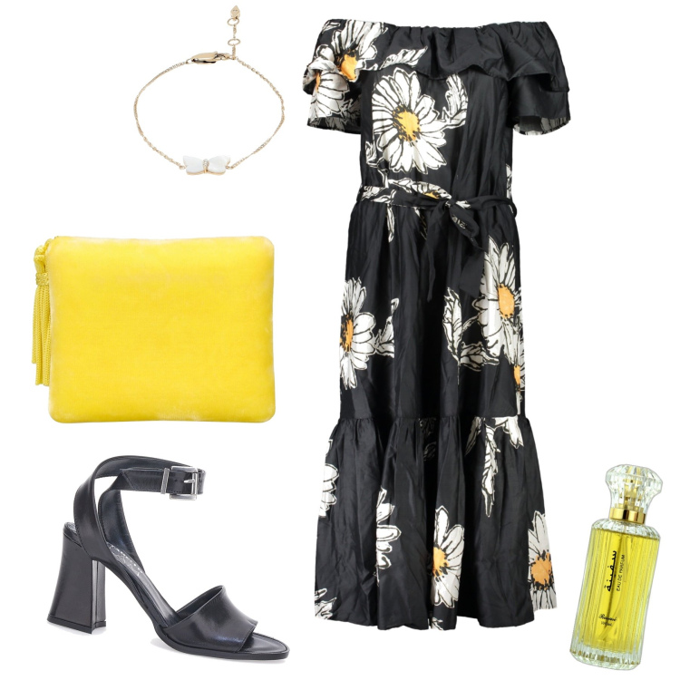 Outfit donna - Stasera apericena. Stile Glamour per Serata fuori. Abbinamento con braccialetti, profumi, vestiti lunghi, sandali in pelle, pochette.