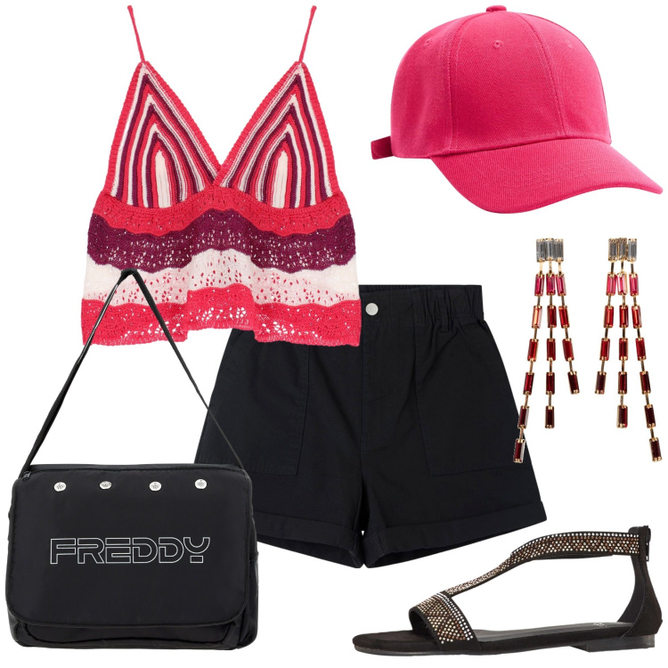 Outfit donna - Accessorio colorato. Stile Casual per Tutti i giorni. Abbinamento con orecchini, sandali, shorts, cappelli, top, borse messenger.