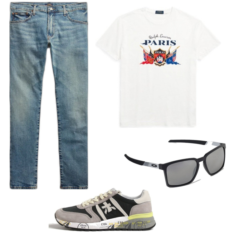 Outfit uomo - Festival season. Stile Urban per Serata speciale. Abbinamento con jeans, t-shirt, occhiali da sole, sneakers.