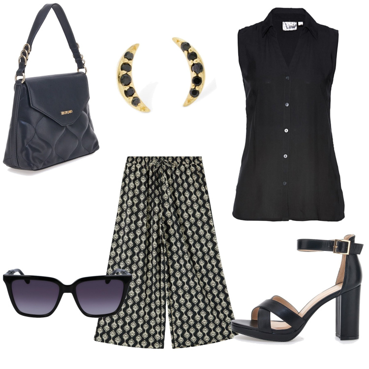 Outfit donna - Total look #1899433. Stile Casual per Ufficio. Abbinamento con camicie, pantaloni a palazzo, sandali col tacco, borse a mano, occhiali da sole, orecchini.