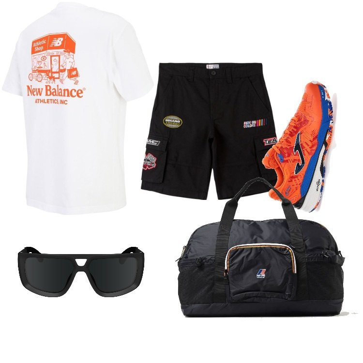 Outfit uomo - Total look #1899439. Stile Trendy per Tutti i giorni. Abbinamento con bermuda, t-shirt, sneakers, occhiali da sole, borse sportive.