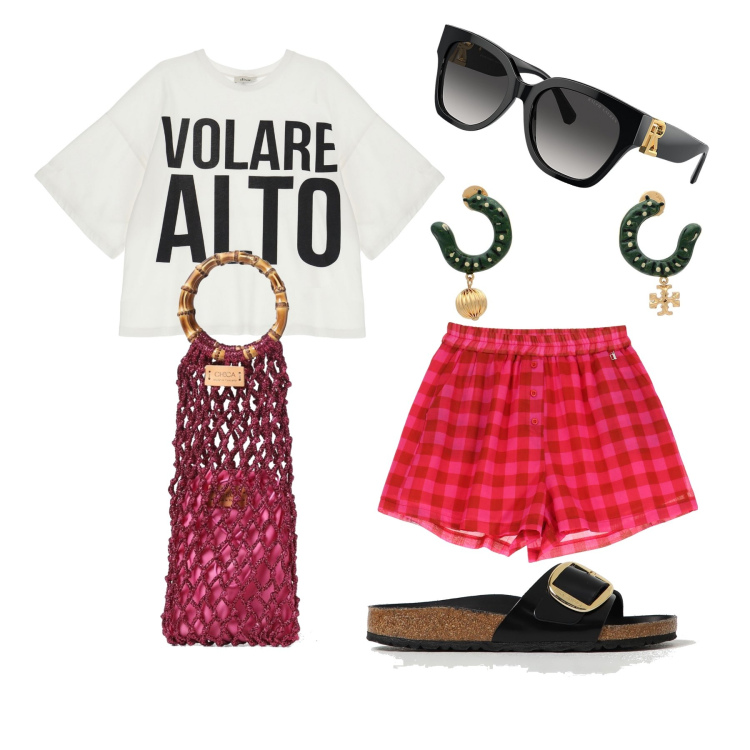 Outfit donna - Ghost outfitter - giugno. Stile Urban per Tutti i giorni. Abbinamento con orecchini, t-shirt, shorts, occhiali da sole, sandali, pochette.