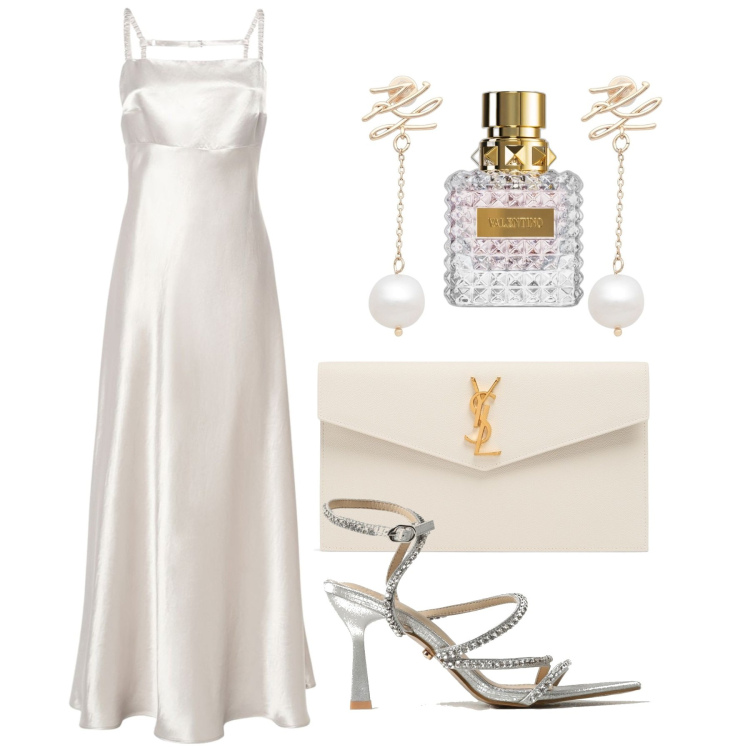 Outfit donna - Sposa in raso. Stile Chic per Cerimonia. Abbinamento con orecchini, profumi, vestiti midi/longuette, pochette, sandali col tacco.