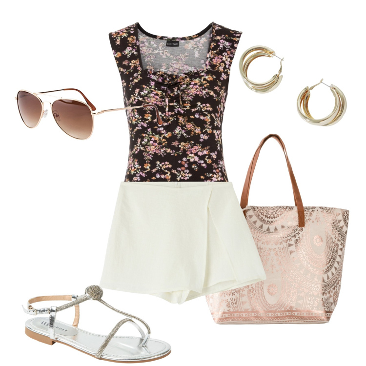 Outfit donna - La minigonna a portafoglio. Stile Casual chic per Tutti i giorni. Abbinamento con top, occhiali da sole, shopping bag, minigonne, ciabatte, orecchini.