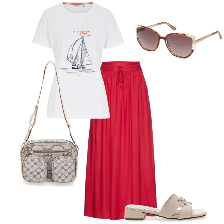 Outfit donna - Una barca a vela. Stile Casual chic per Ufficio. Abbinamento con gonne lunghe, t-shirt, ciabatte, occhiali da sole, borse a tracolla.