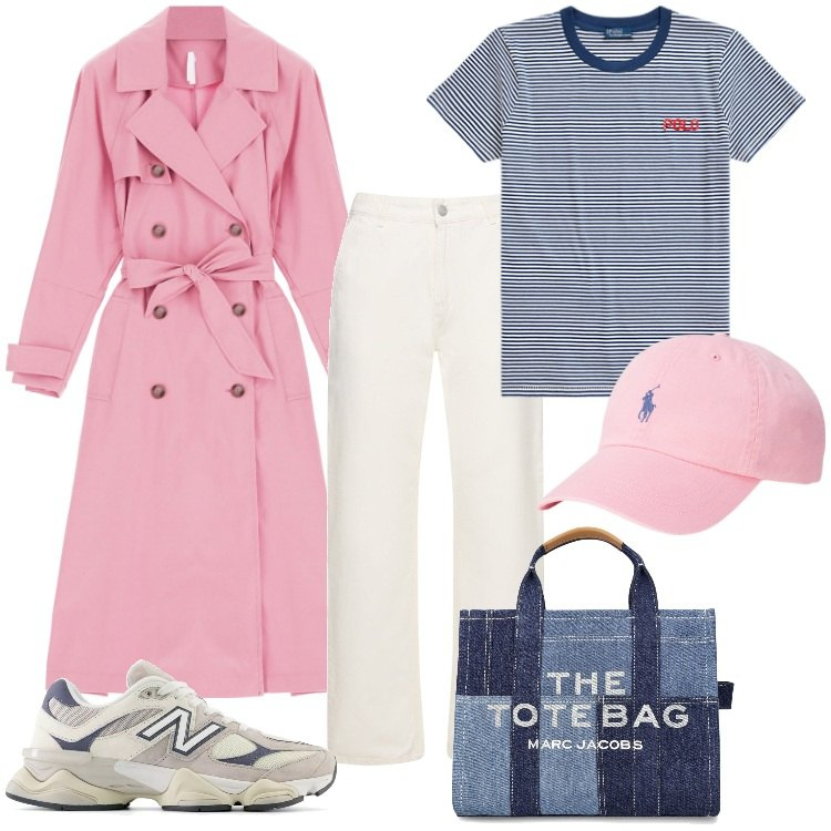 Outfit donna - Total look #1899513. Stile Glamour per Tutti i giorni. Abbinamento con sneakers, trench, cappelli, t-shirt, jeans dritti, borse tote.