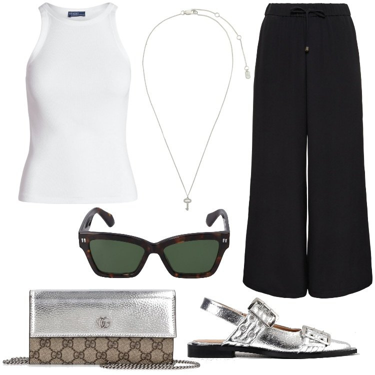 Outfit donna - Total look #1899523. Stile Minimal per Tutti i giorni. Abbinamento con canottiere, ciondoli, pantaloni, borse a spalla, occhiali da sole, ballerine.
