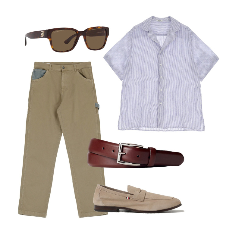 Outfit uomo - City. Stile Casual per Tutti i giorni. Abbinamento con pantaloni, camicie a manica corta, occhiali da sole, cinture, scarpe stringate.