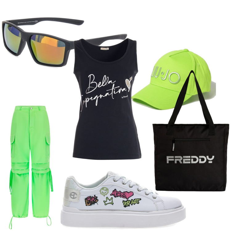Outfit donna - In palestra, bella impegnativa. Stile Casual per Sport. Abbinamento con canottiere, pantaloni cargo, shopping bag, sneakers, cappelli, occhiali da sole.