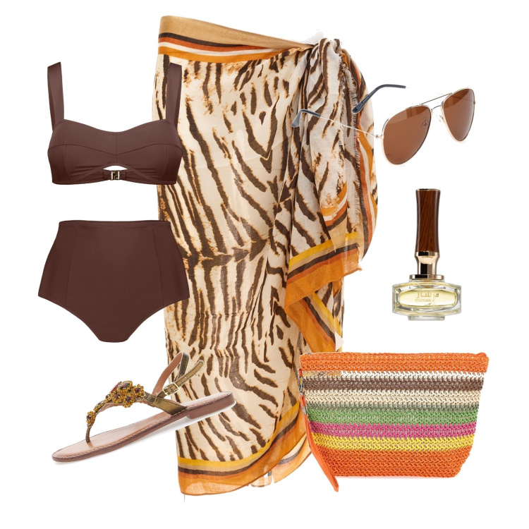Outfit donna - Maxi pareo!!!. Stile Chic per Mare. Abbinamento con profumi, bikini, sandali gioiello, occhiali da sole, borse a mano, vestiti da spiaggia.