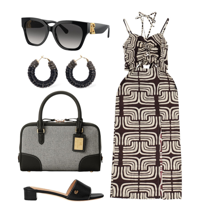 Outfit donna - Ghost outfitter - giugno. Stile Glamour per Tutti i giorni. Abbinamento con vestiti midi/longuette, occhiali da sole, sandali in pelle, borse a mano, orecchini.