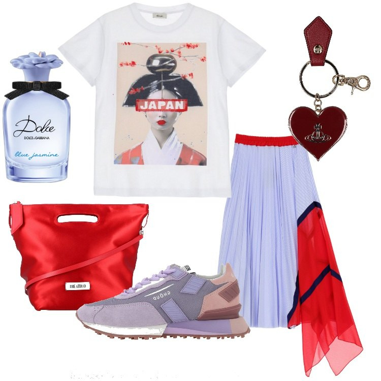 Outfit donna - Semplicemente Trendy. Stile Trendy per Tutti i giorni. Abbinamento con profumi, gonne longuette, t-shirt, borse a mano, portachiavi, sneakers.