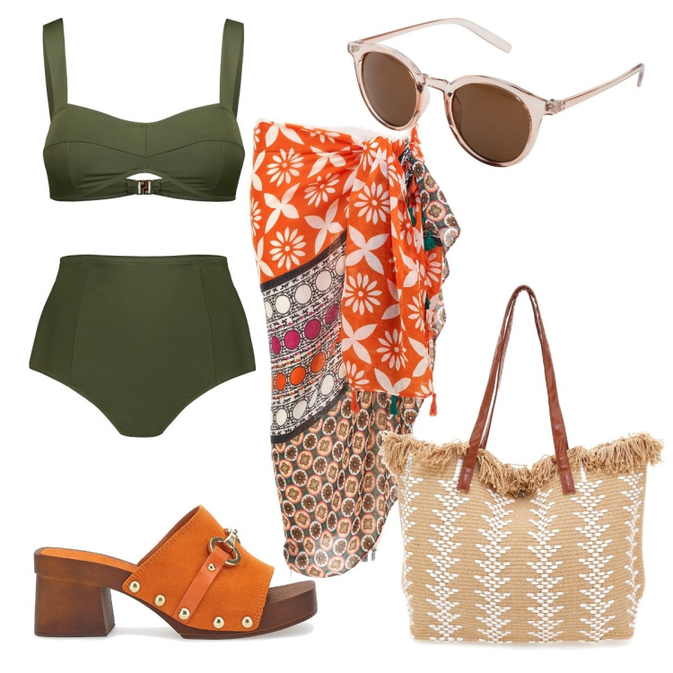 Outfit donna - Curvy a mare. Stile Casual chic per Mare. Abbinamento con occhiali da sole, bikini, borse a spalla, vestiti da spiaggia, zoccoli.
