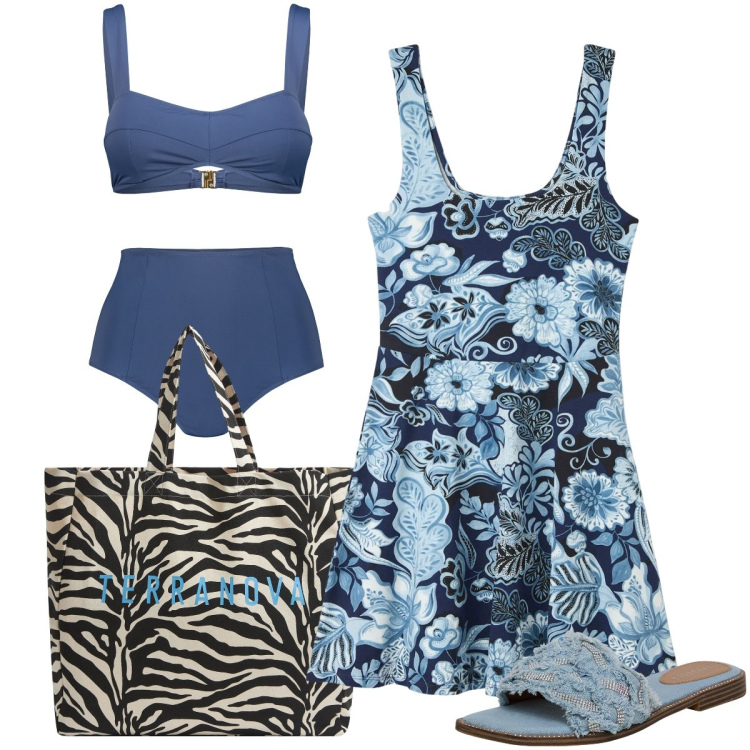 Outfit donna - Fiori e zebrato. Stile Bon Ton per Mare. Abbinamento con borse tote, vestiti corti, ciabatte, bikini.