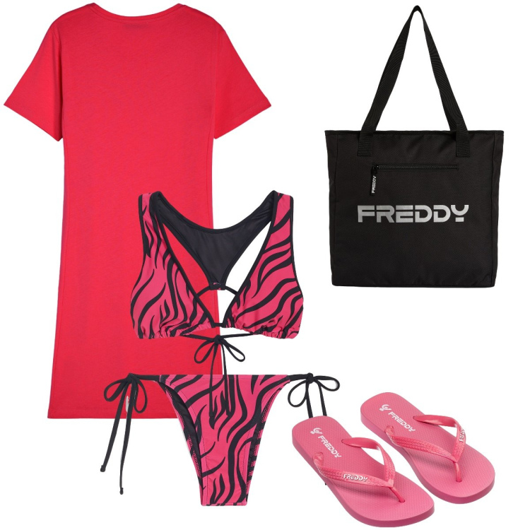 Outfit donna - Con Freddy al mare. Stile Sporty chic per Mare. Abbinamento con bikini, vestiti, bikini, infradito, shopping bag.