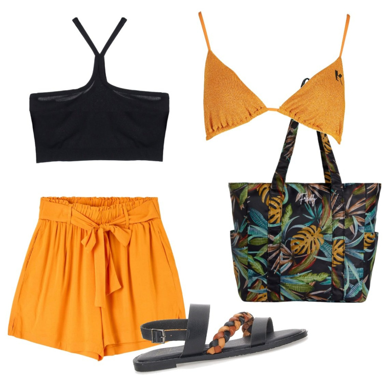 Outfit donna - Vita da spiaggia. Stile Etnico per Mare. Abbinamento con shorts, top, shopping bag, sandali, costumi.