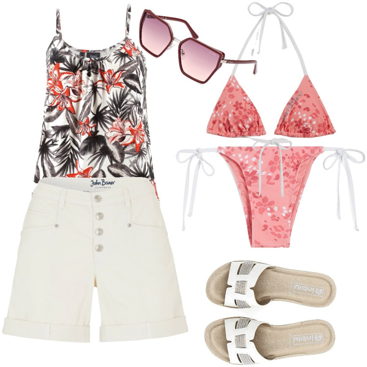 Outfit donna - Voglia di relax. Stile Casual chic per Mare. Abbinamento con top, shorts, bikini, bikini, ciabatte, occhiali da sole.