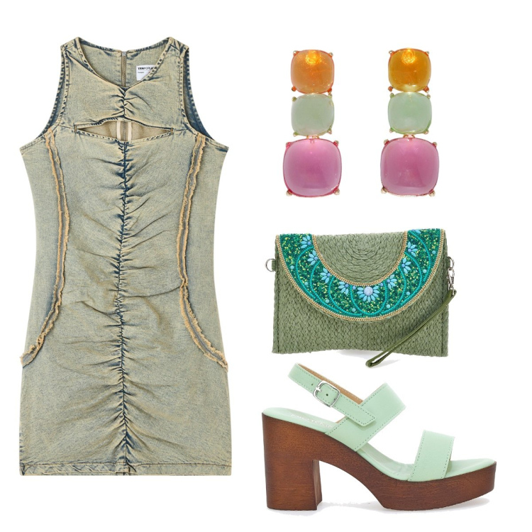Outfit donna - Stupire ad ogni costo. Stile Glamour per Serata fuori. Abbinamento con vestiti senza maniche, orecchini, zoccoli, borse a tracolla.