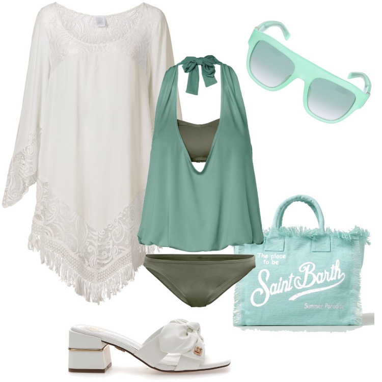 Outfit donna - Con la borsa Saint Barth. Stile Chic per Mare. Abbinamento con vestiti da spiaggia, costumi interi, borse tote, ciabatte, occhiali da sole.