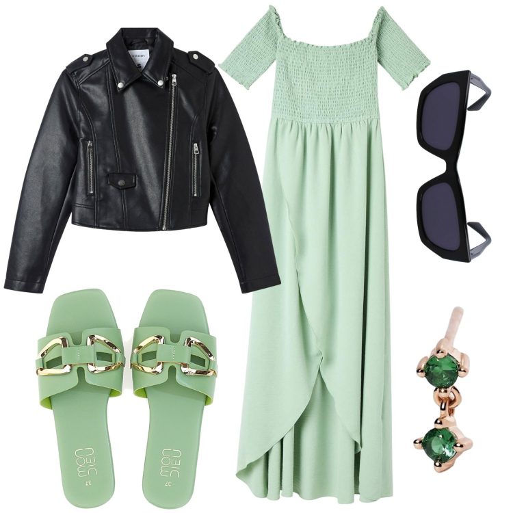 Outfit donna - Vestito verde. Stile Boho per Tutti i giorni. look ideale per Petite. Abbinamento con vestiti lunghi, giacche, orecchini, ciabatte, occhiali da sole.