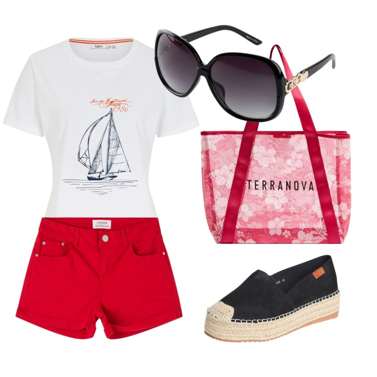 Outfit donna - Shorts rossi. Stile Casual per Tutti i giorni. Abbinamento con occhiali da sole, t-shirt, shopping bag, shorts, espadrillas.