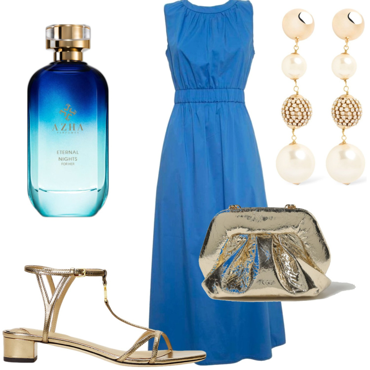 Outfit donna - Cerimonia estiva. Stile Chic per Cerimonia. Abbinamento con profumi, sandali in pelle, vestiti lunghi, clutch, orecchini.