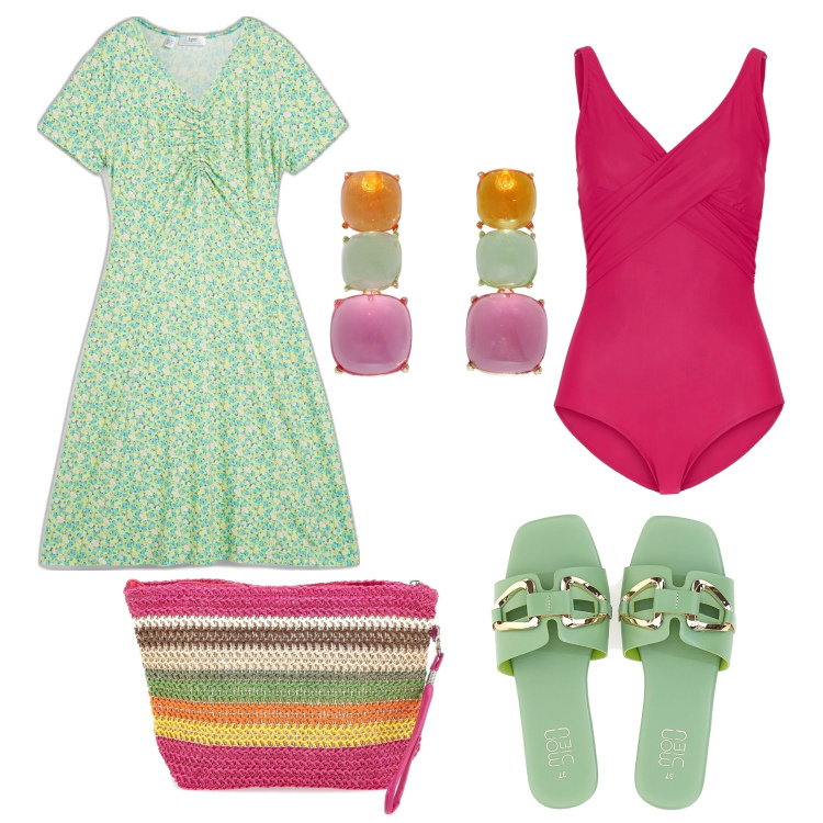 Outfit donna - Romantica e colorata in spiaggia. Stile Romantica per Mare. Abbinamento con costumi interi, vestiti midi/longuette, orecchini, ciabatte, borse a mano.