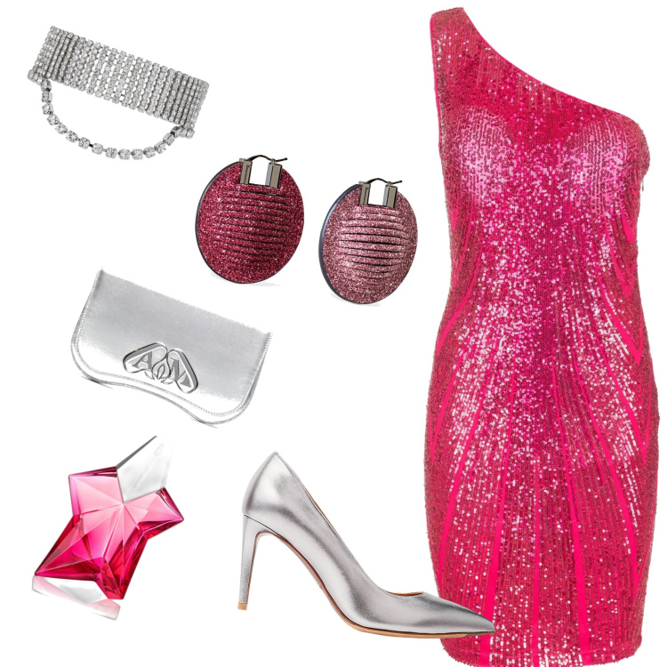 Outfit donna - Red carpet. Stile Casual chic per Cerimonia. Abbinamento con profumi, vestiti asimmetrici, décolleté, orecchini, borse a mano, braccialetti.