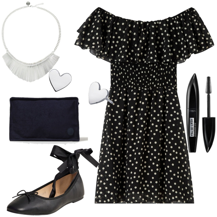 Outfit donna - In città. Stile Casual per Tutti i giorni. Abbinamento con mascara, vestiti corti, ballerine, orecchini, collane, pochette.