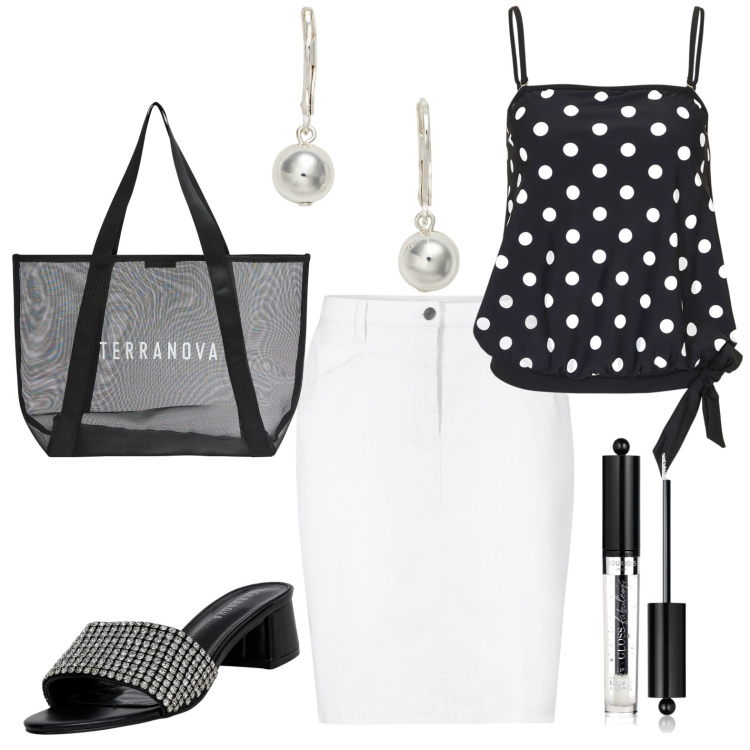 Outfit donna - Di giorno. Stile Casual per Tutti i giorni. Abbinamento con top, gonne, gloss, shopping bag, ciabatte, orecchini.