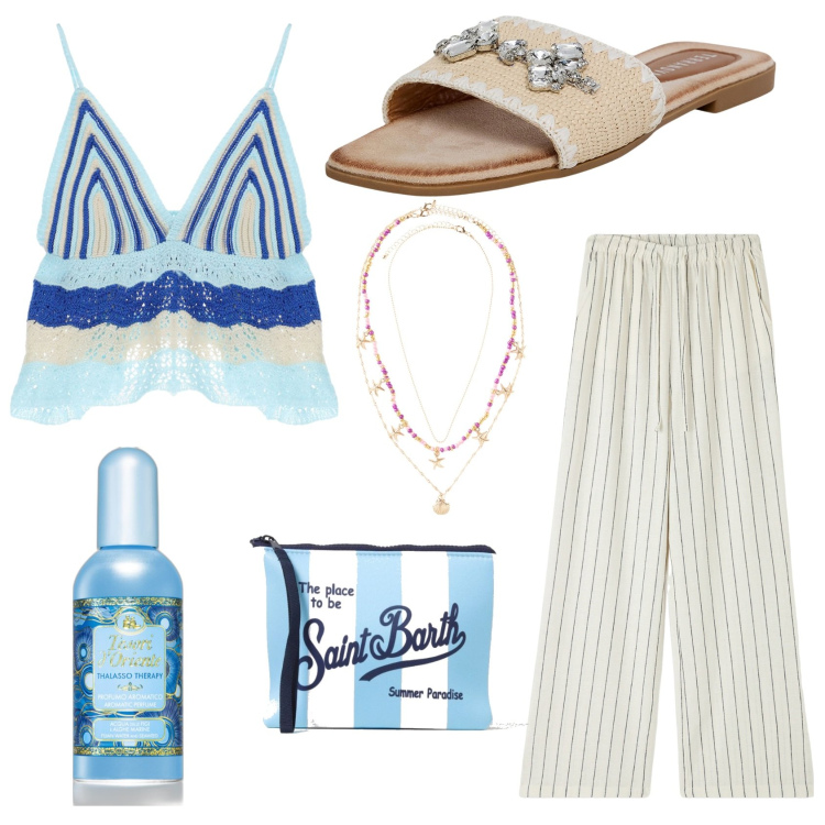 Outfit donna - Beach. Stile Chic per Mare. Abbinamento con ciondoli, profumi, pantaloni, ciabatte, top, pochette.