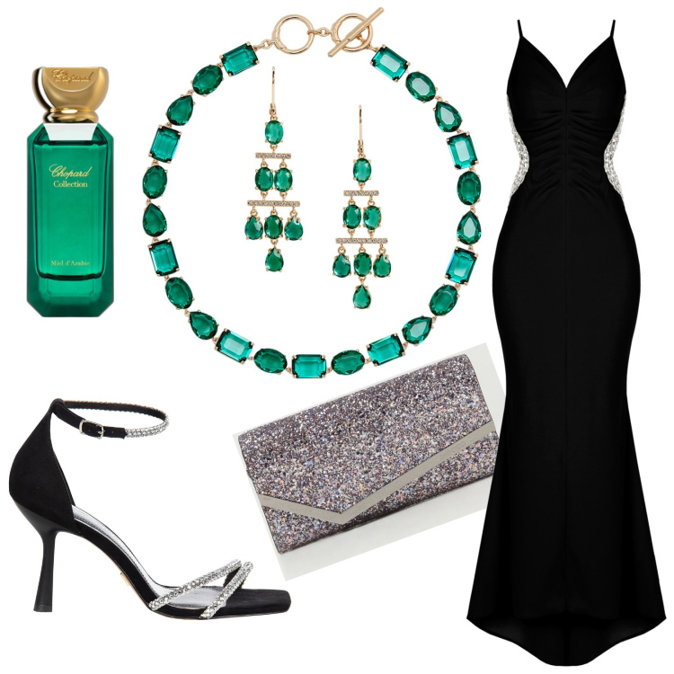 Outfit donna - Serata di gala. Stile Glamour per Serata fuori. Abbinamento con profumi, vestiti lunghi, sandali gioiello, collane, orecchini, clutch.