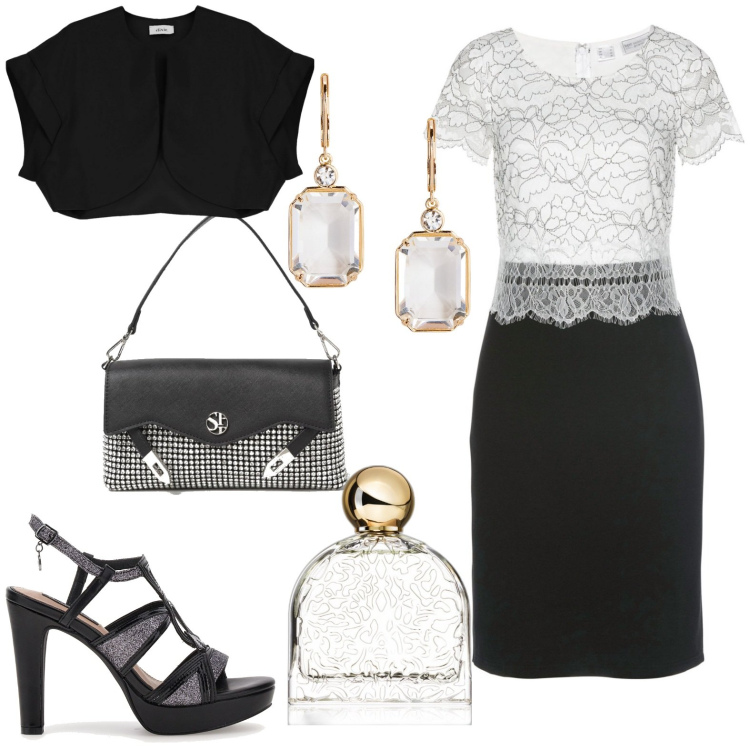 Outfit donna - Di sera. Stile Chic per Serata fuori. Abbinamento con vestiti, profumi, blazer, orecchini, sandali, clutch.