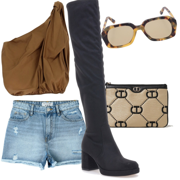 Outfit donna - Total look #1899688. Stile Casual chic per Mare. Abbinamento con shorts, top, stivali, occhiali da sole, clutch.