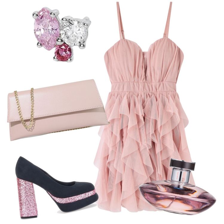 Outfit donna - Look romantico con scarpa strong. Stile Romantica per Serata fuori. Abbinamento con profumi, vestiti corti, orecchini, pochette, décolleté.