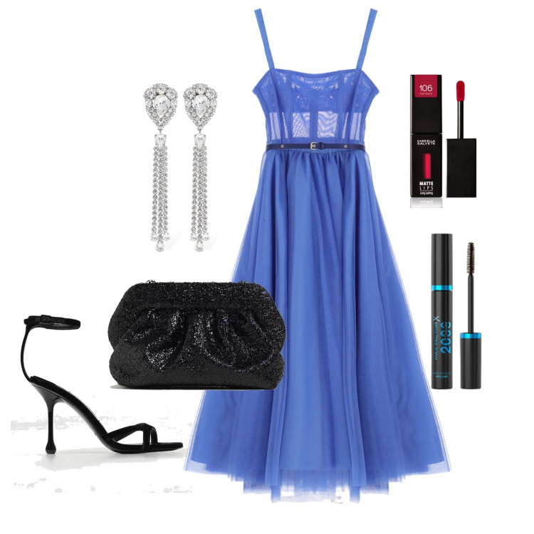 Outfit donna - Ghost outfitter - giugno. Stile Glamour per Cerimonia. Abbinamento con mascara, rossetti, vestiti lunghi, orecchini, clutch, sandali col tacco.