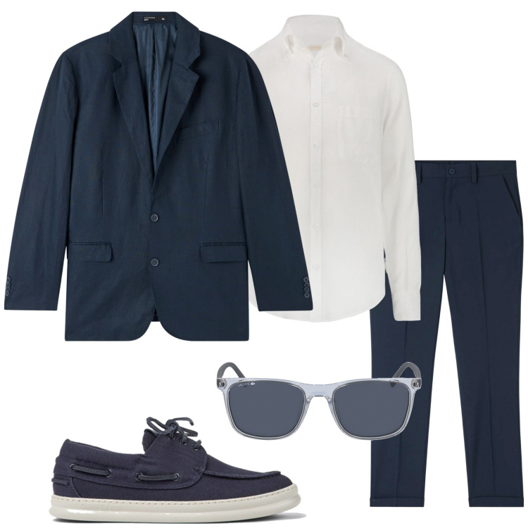 Outfit uomo - In-formale. Stile Business/Elegante per Ufficio. Abbinamento con giacche, pantaloni chino, occhiali da sole, scarpe stringate, camicie.