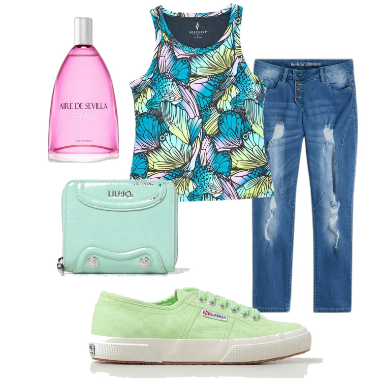 Outfit donna - Total look #1899770. Stile Casual per Tutti i giorni. Abbinamento con jeans boyfriend, profumi, canottiere, sneakers, portafogli.