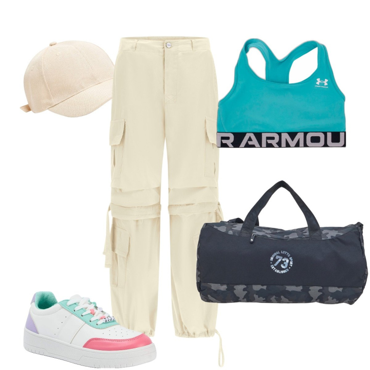 Outfit donna - Lezione di zumba. Stile Sporty chic per Sport. Abbinamento con cappelli, sneakers, pantaloni cargo, top, borse sportive.