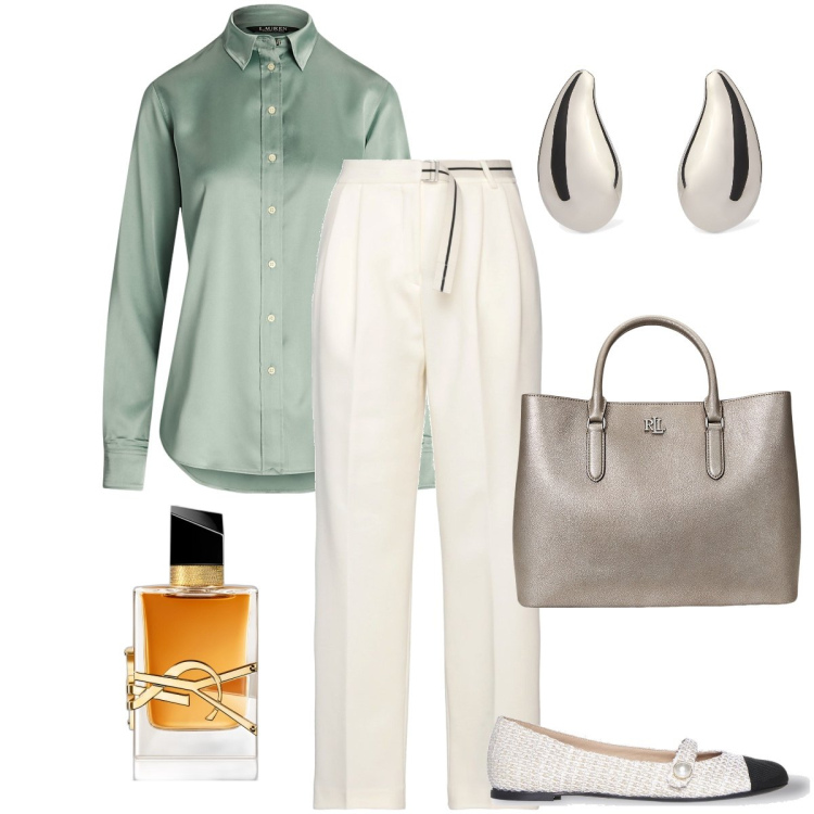 Outfit donna - Appuntamento in centro. Stile Mannish per Ufficio. Abbinamento con pantaloni, profumi, camicie, borse a mano, ballerine, orecchini.