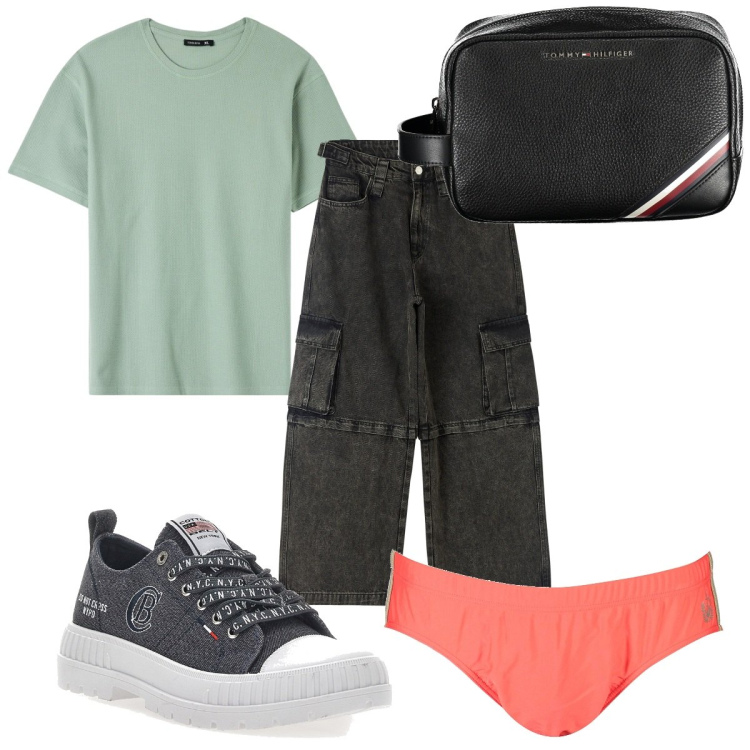 Outfit uomo - Total look #1899811. Stile Trendy per Mare. Abbinamento con jeans, t-shirt, borse sportive, sneakers, costumi.
